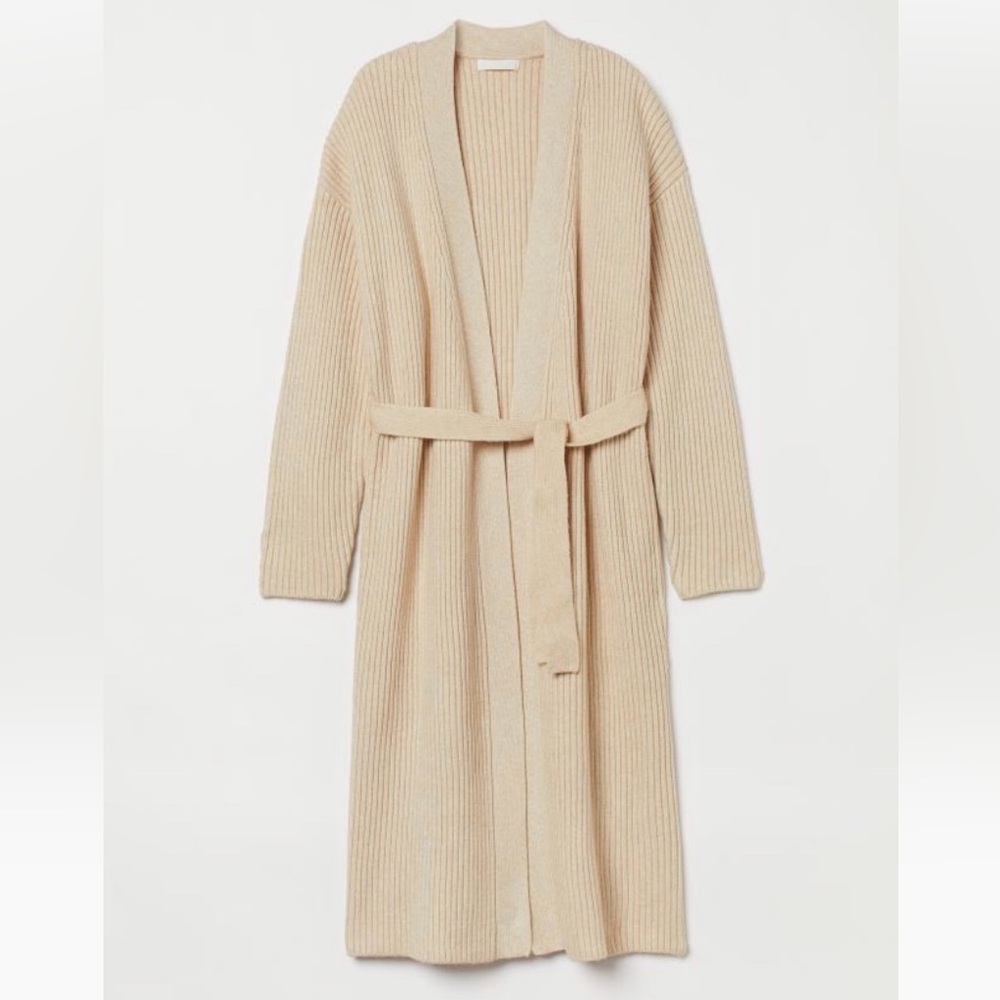 Long Cardigan with Tie Belt, Beige, Small
